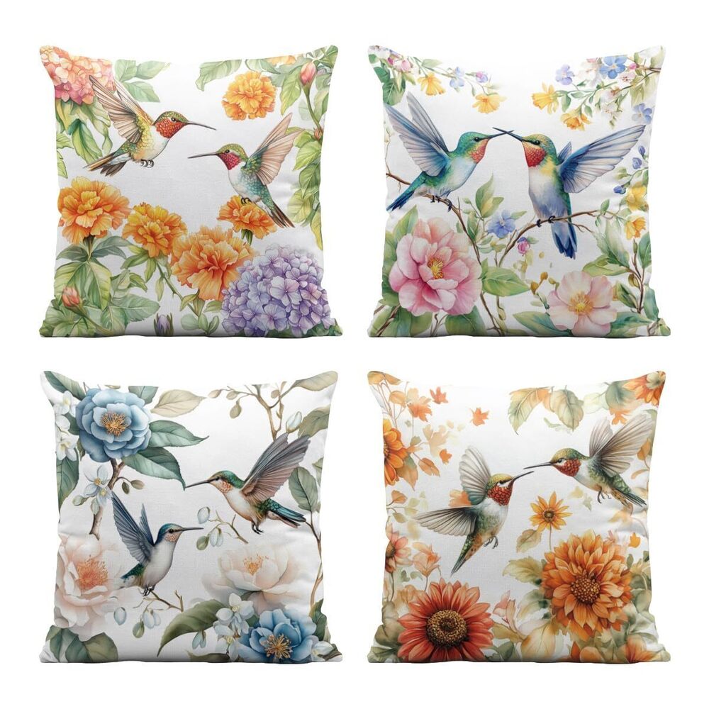 8059 Hummingbird Pillow Covers 18x18 Inch Set of 4 Watercolor Vintage
